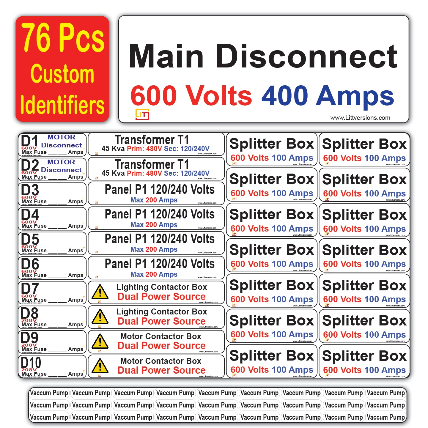 Littversions 76 Pcs 480/240/208/120V Electrical Labels Stickers Decals Markers Sign for Main Disconnect Splitter Transformer Panel Circuit Breaker Loadcenter Lighting Motor Contactor Box (Custom -76 Pcs)