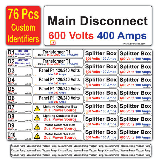 Littversions 76 Pcs 480/240/208/120V Electrical Labels Stickers Decals Markers Sign for Main Disconnect Splitter Transformer Panel Circuit Breaker Loadcenter Lighting Motor Contactor Box (Custom -76 Pcs)