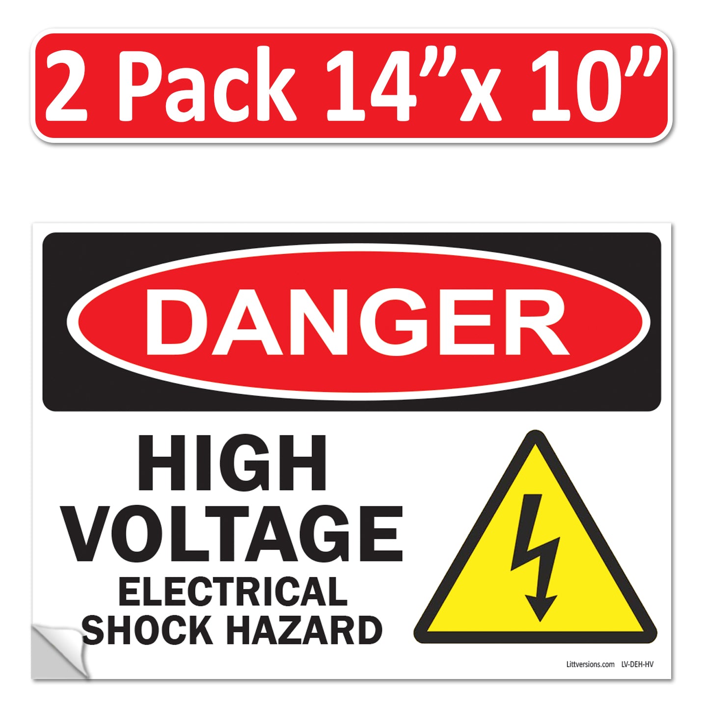 Danger High Voltage, Electrical Shock Hazard OSHA WARNING Label Sign Decal 6 mil Laminated Engineer Grade UV Protected Red Black White ANSI NFPA Weather Resistant Indoor Outdoor 131702