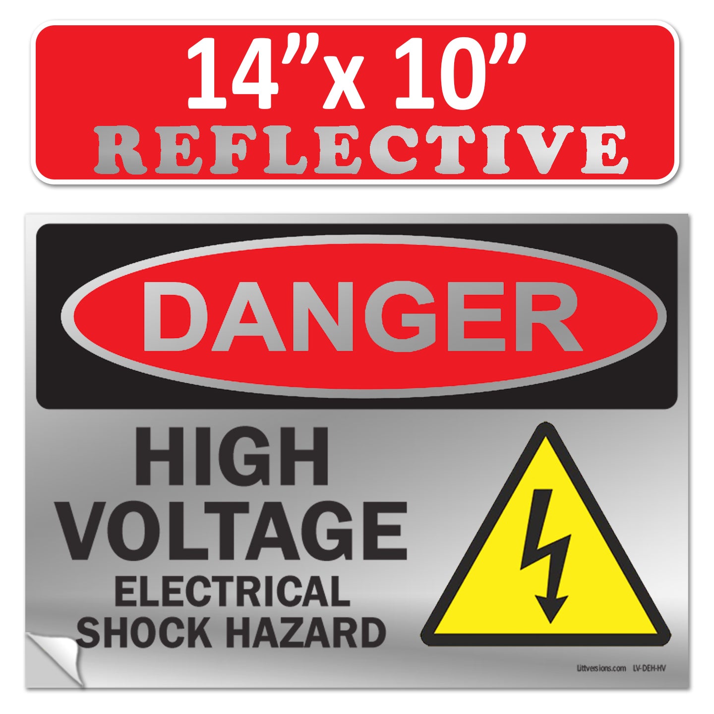 Danger High Voltage, Electrical Shock Hazard OSHA WARNING Label Sign Decal 6 mil Laminated Engineer Grade UV Protected Red Black White ANSI NFPA Weather Resistant Indoor Outdoor 131702