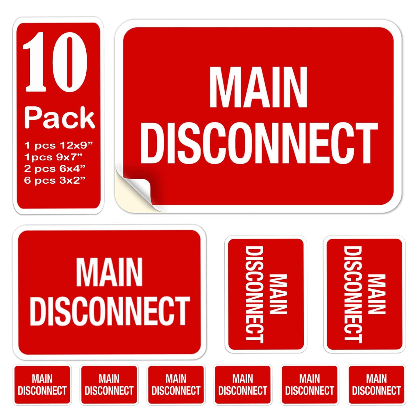 Assorted 10 Pack Main Disconnect Sticker Service Label Sign 12x9 9x7 7x9 6x4 3x2 2x3 10.7 3.5 inches