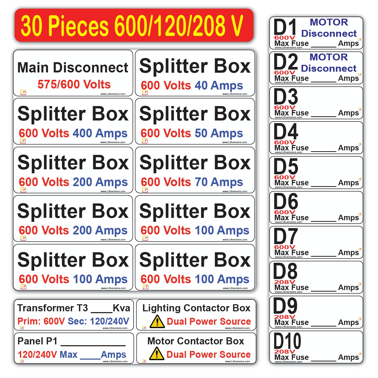 30 Pcs 480/240/208/120V Device Identification Labels