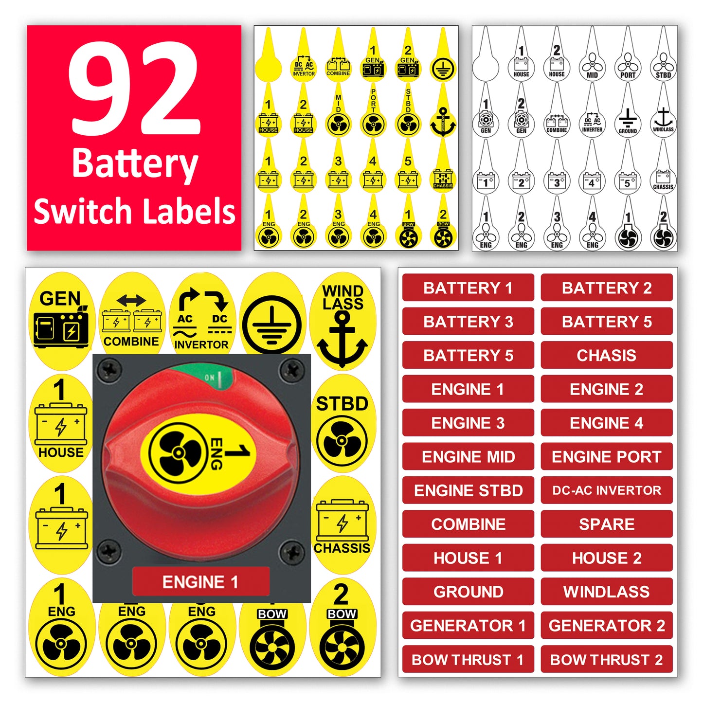 92 Pcs DC 12V 24V 48V Replacement for Blue Sea 7902 Master Disconnect Battery switch icon Label