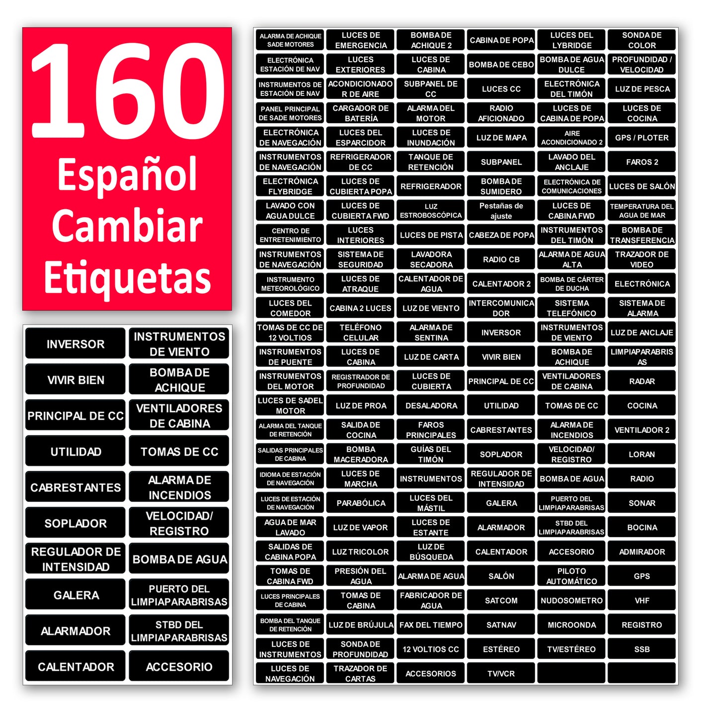 160 Pcs Spanish Large Format Marine Extended AC DC Circuit Battery Panels Directory Switch Labels Car Auto Truck RV Camper Replacement for Blue Sea 8030 8031 8039 8067