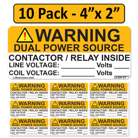 10 Pack 4"x1.75" Heavy Duty Pressure Sensitive Warning Dual Power Source Contactor/Relay Inside Label Sticker Vinyl Waterproof Ultra Durable