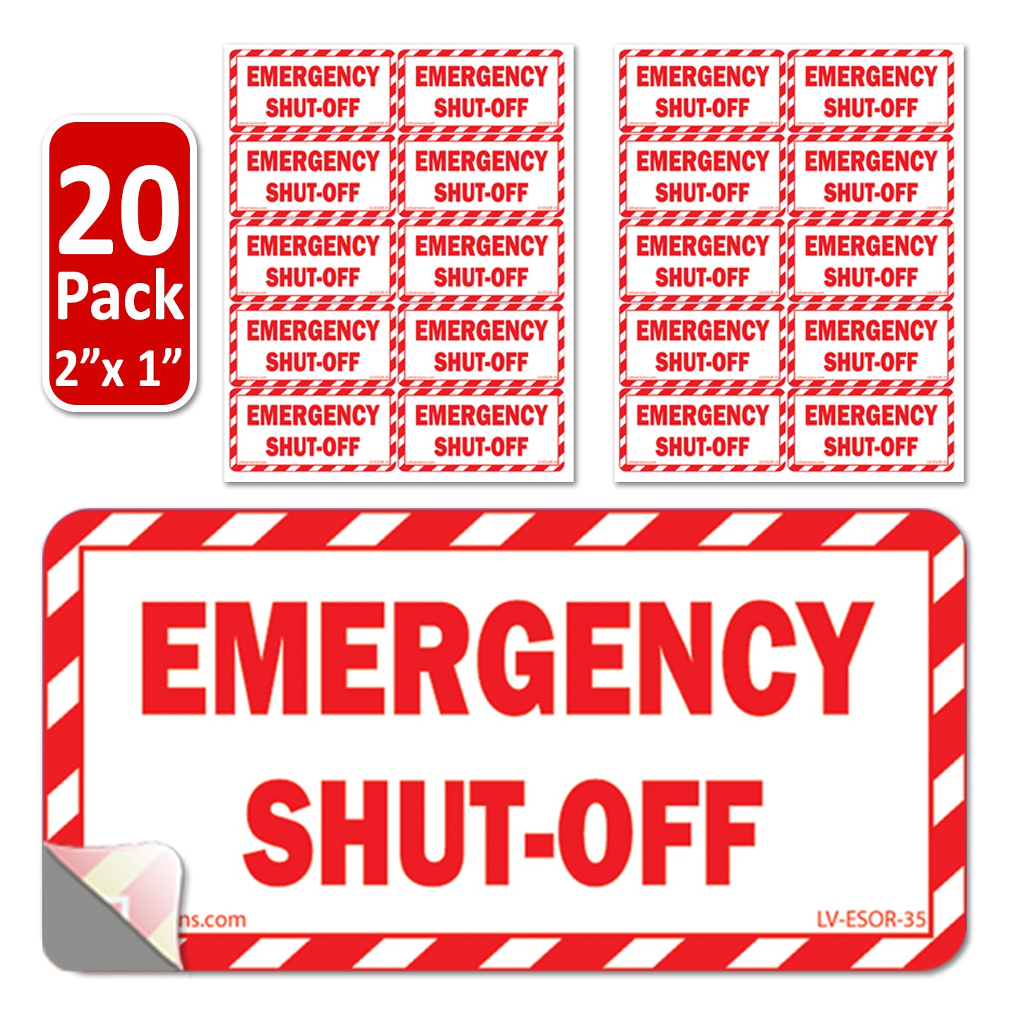 20 Pack White 2" x 1" EMERGENCY SHUT-OFF Fuel Switch Warning Safety Outdoor Rated Laminated Label Sign Sticker Electrical Panel Vinyl 2x1 1 x2 inches
