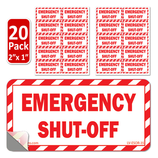 20 Pack White 2" x 1" EMERGENCY SHUT-OFF Fuel Switch Warning Safety Outdoor Rated Laminated Label Sign Sticker Electrical Panel Vinyl 2x1 1 x2 inches