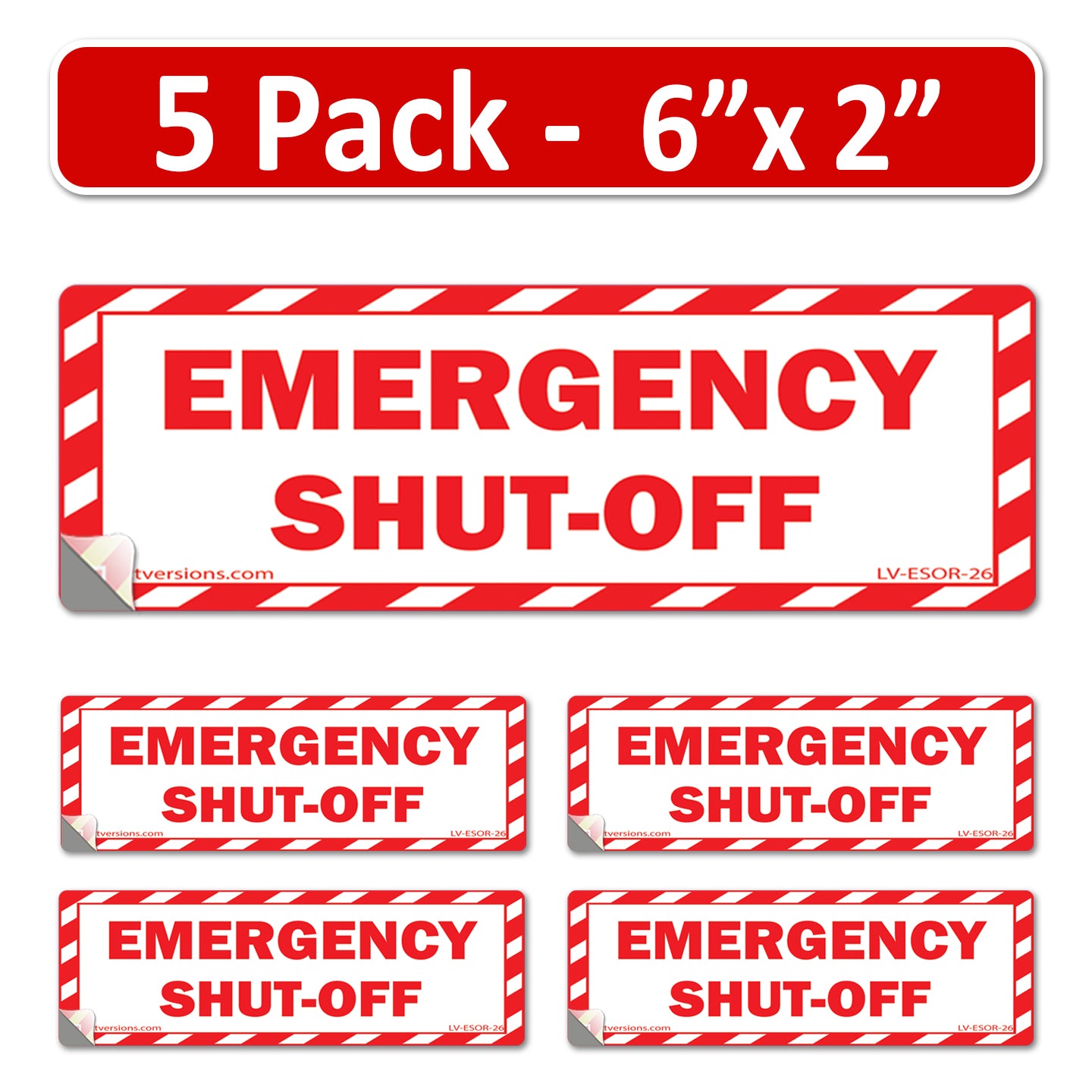 5 Pack White 6" x 2" EMERGENCY SHUT-OFF Fuel Switch Outdoor Rated Laminated Label Warning Safety Sign Sticker Electrical Panel Vinyl 6x2 2 x 6 inches