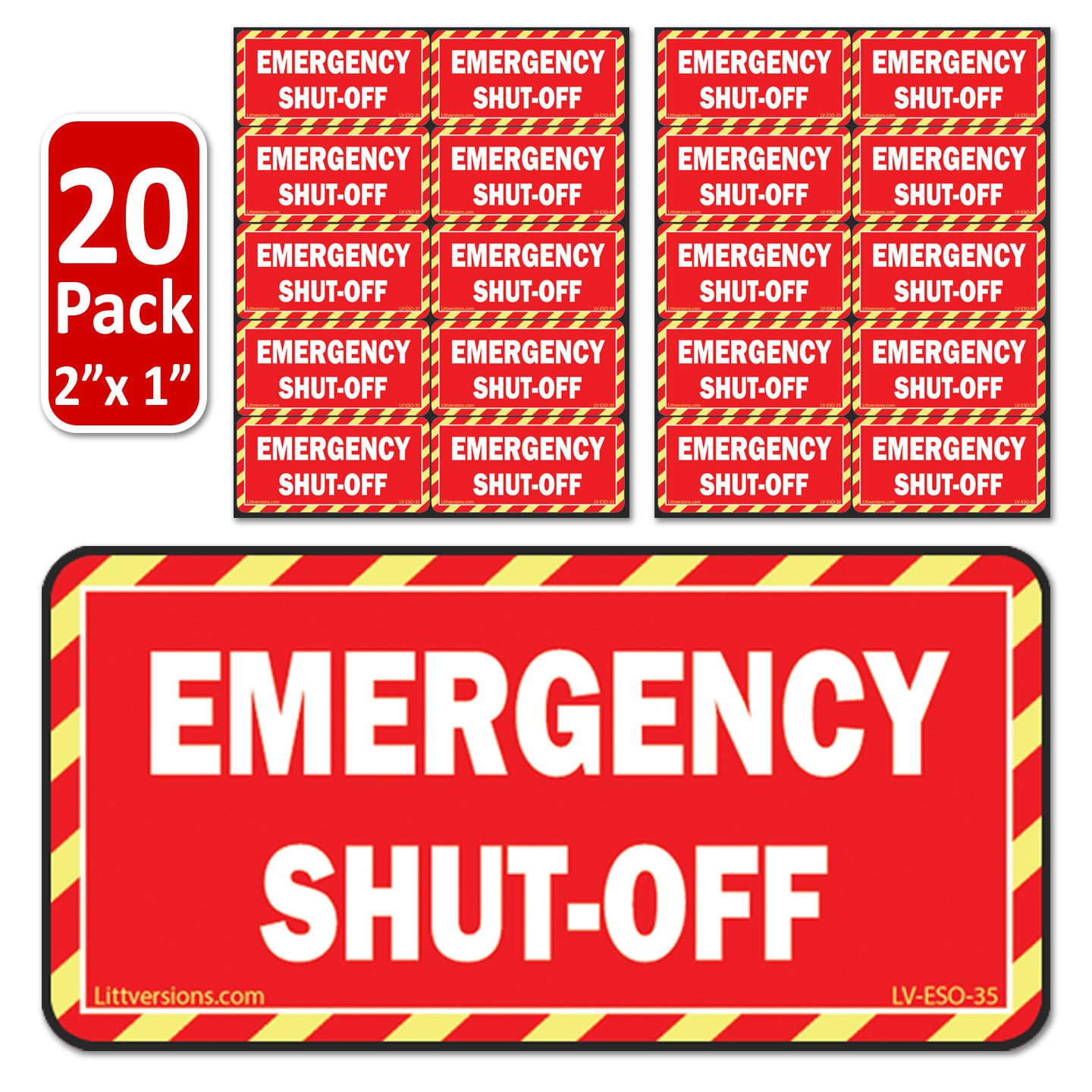 20 Pack Red 2" x 1" EMERGENCY SHUT-OFF Fuel Switch Warning Safety Outdoor Rated Laminated Label Sign Sticker Electrical Panel Vinyl 2x1 1 x2 inches