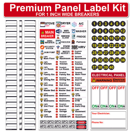 Premium 40 Circuits Bidirectional for 1" Breaker Directory Label Kit Colored Icons & Panel Markers Electrical Panel Strong Adhesive Durable Long Lasting Reusable Vinyl Water/Dustproof