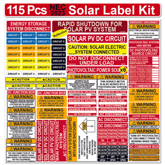 Ultimate 115 pack 2017/2020/2023 NEC Code Compliant Photovoltaic Solar System Label Kit Electrical Panel Safety Stickers Outdoor Rated Laminated Strong Adhesive Durable Waterproof