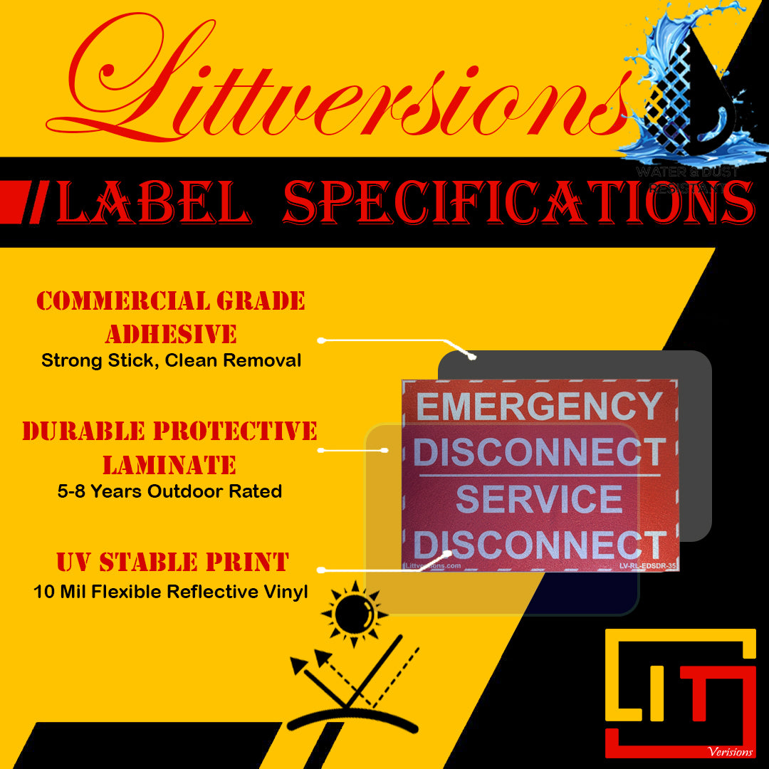 Littversions 5 Pack 5"x 3.5" Reflective Red NEC Compliant Emergency Disconnect NOT Service Equipment Outdoor Laminated Labels Sticker Electrical Panel Danger Heavy Duty Vinyl Waterproof Ultra Durable
