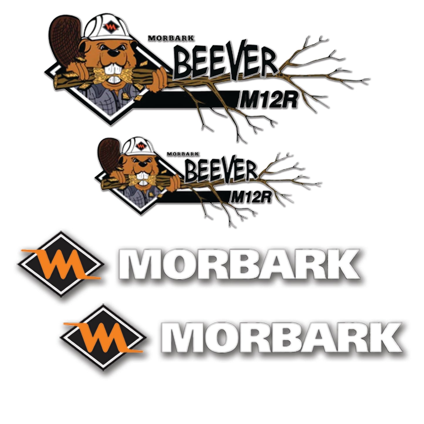 Morbark and Beaver M12R Logo Stickers Decals Labels Set - Containing 2 Morbark logos & 2 Beaver M12R logos