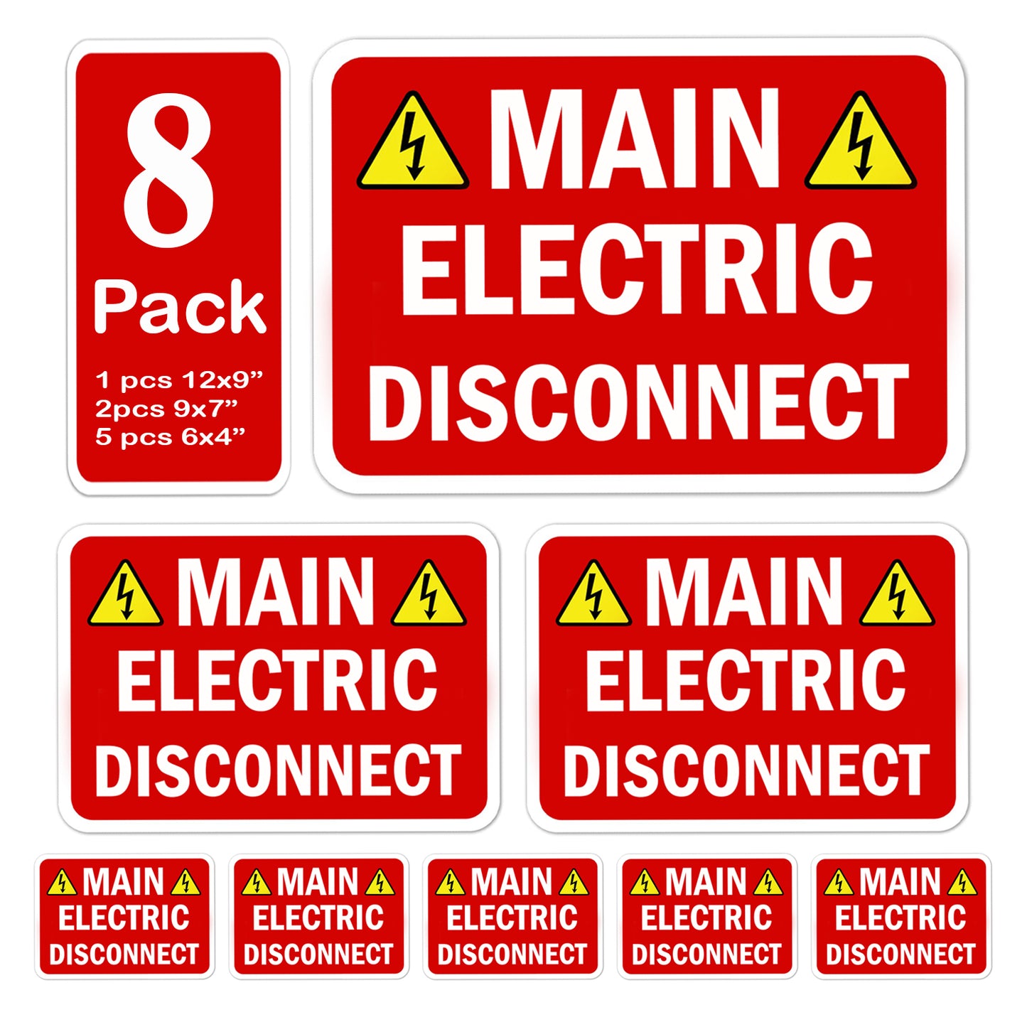 Assorted 8 Pack Main Electrical Disconnect Sticker Label Sign 12x9 9x12 9x7 7x9 6x4 3x2 2x3 inches