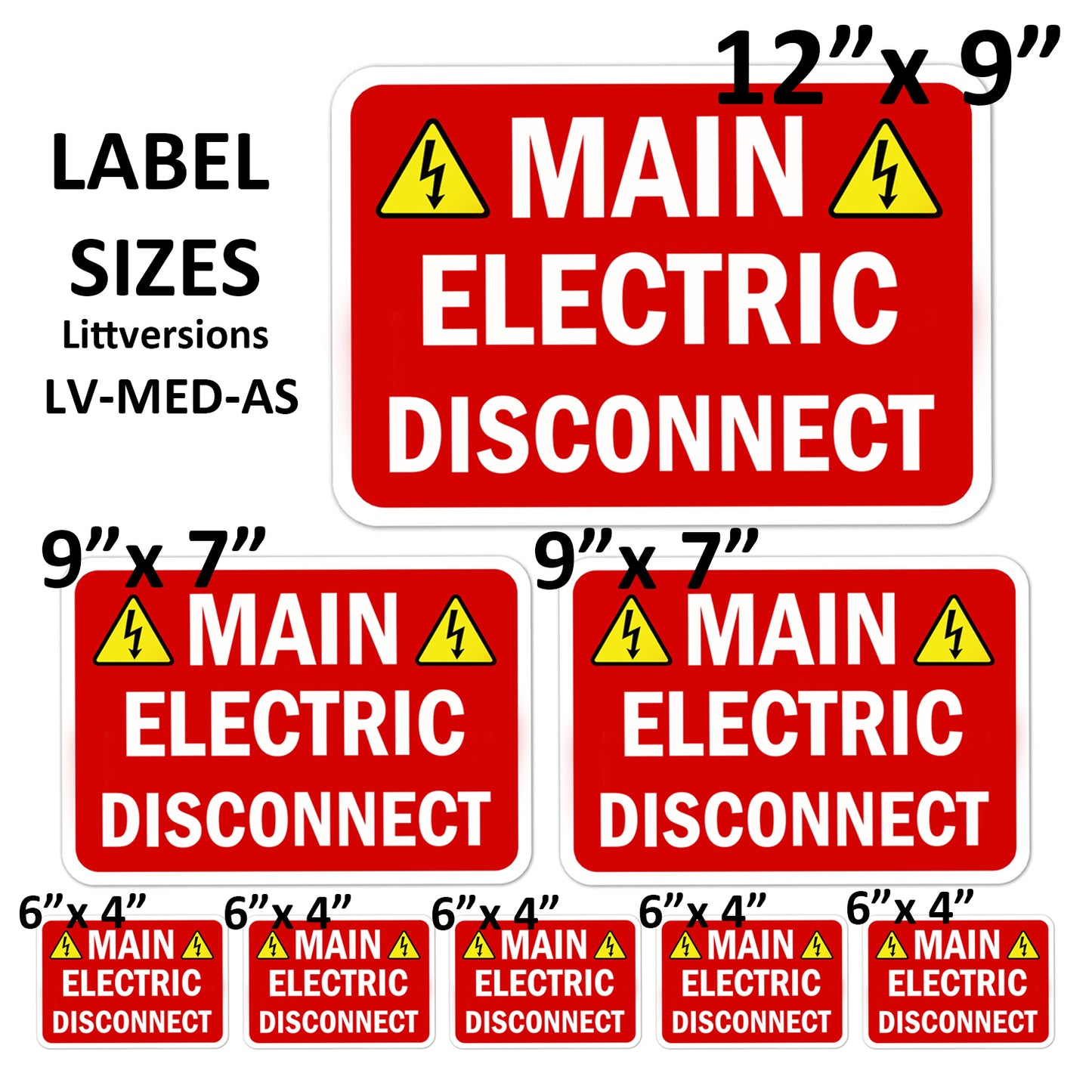 Assorted 8 Pack Main Electrical Disconnect Sticker Label Sign 12x9 9x12 9x7 7x9 6x4 3x2 2x3 inches