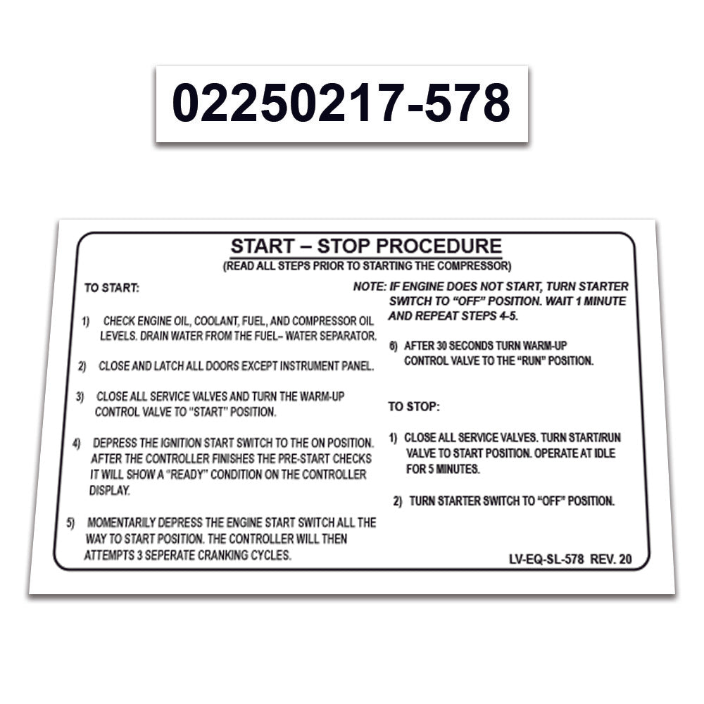 2 Pack Replacement for Sullair Air Compressor 185H T4 Kubota Decal Operation Instructions START-STOP Procedure Guide Sticker  02250217-578