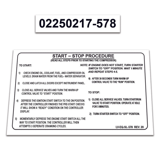 2 Pack Replacement for Sullair Air Compressor 185H T4 Kubota Decal Operation Instructions START-STOP Procedure Guide Sticker  02250217-578