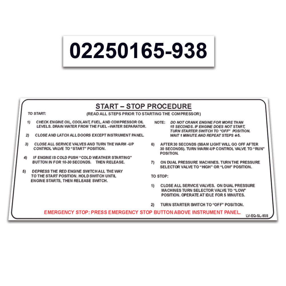 2 Pack Replacement for Sullair Air Compressor 300HH - 425 CFM CAT Decal Operation Instructions START-STOP Procedure Guide Sticker 02250165-938