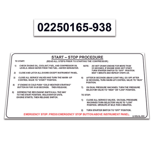 2 Pack Replacement for Sullair Air Compressor 300HH - 425 CFM CAT Decal Operation Instructions START-STOP Procedure Guide Sticker 02250165-938