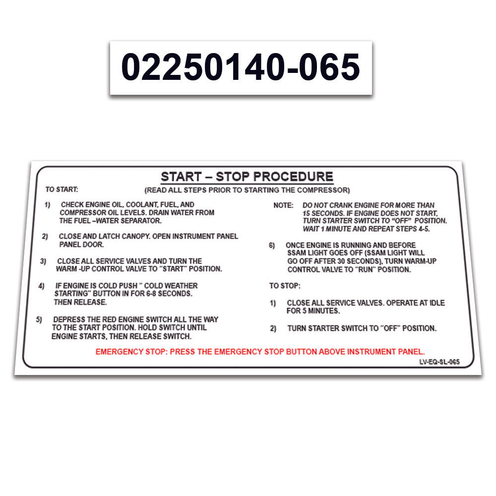 2 Pack Replacement for Sullair Air Compressor 185H Perkins Decal Operation &  START-STOP Procedure Instructions Sticker 02250140-065