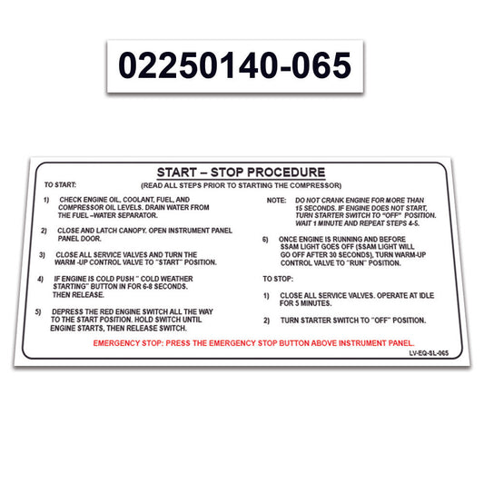 2 Pack Replacement for Sullair Air Compressor 185H Perkins Decal Operation &  START-STOP Procedure Instructions Sticker 02250140-065