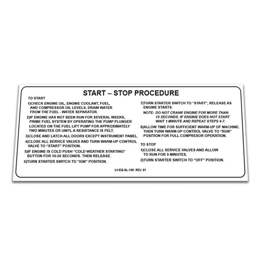 2 Pack Replacement for Sullair Air Compressor 185H CAT Decal Operation Instructions  START-STOP Procedure Guide Sticker 02250103-130