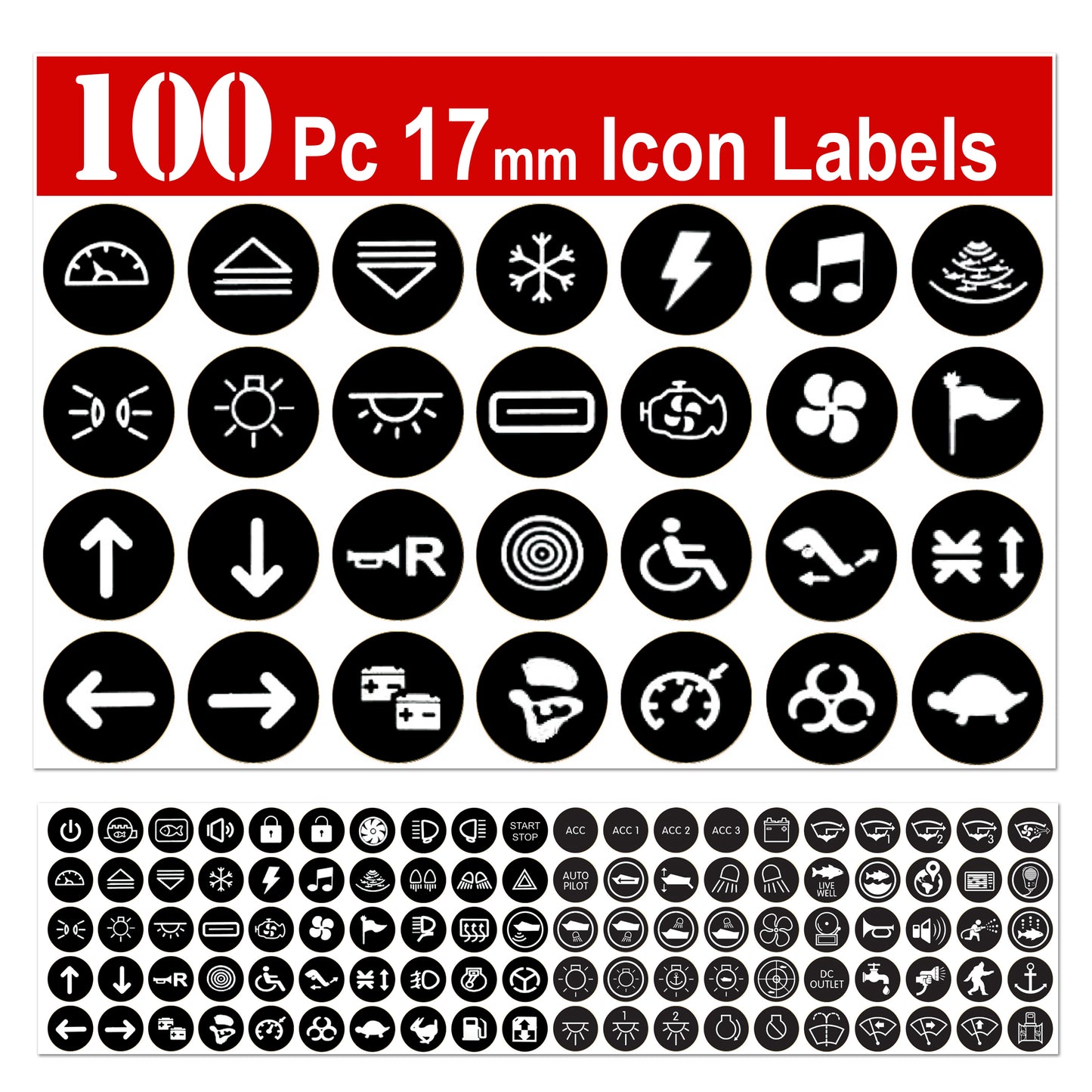 100 Pcs 17mm Round Latching Push Button Switch Labels Replacement for Blue Sea Toggle Rocker Switch 4230 Sticker Circuit Car Truck Yatch RV Caravans CamperBacklit Self Adhesive Vinyl
