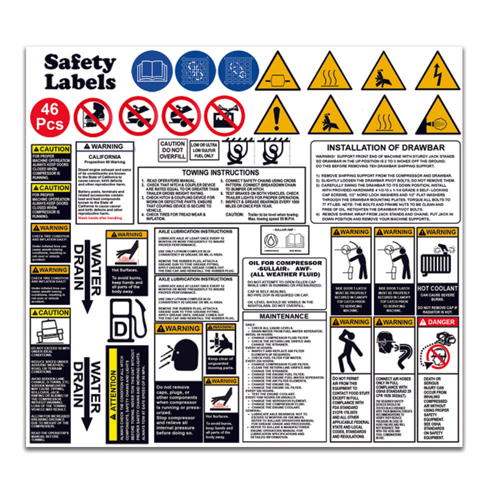 Safety Decal & Sticker Set Replacement for Sullair Air Compressors | Fits 185 - 425 CFM Portable Units