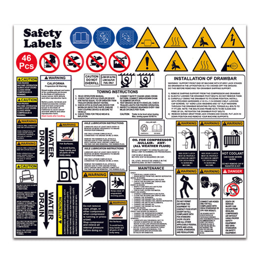 Safety Decal & Sticker Set Replacement for Sullair Air Compressors | Fits 185 - 425 CFM Portable Units