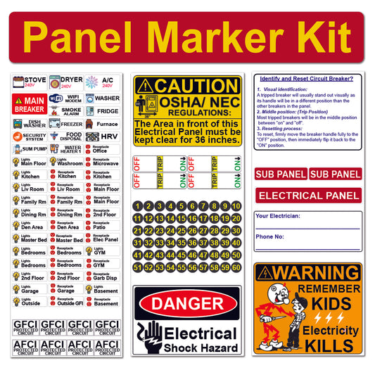 Universal Panel Marker Kit with Colored Icons for Electrical 60 Circuit Fuse Panel Directory Labels Stickers OSHA Kids Warning Danger Caution Strong Adhesive Household Vinyl Waterproof