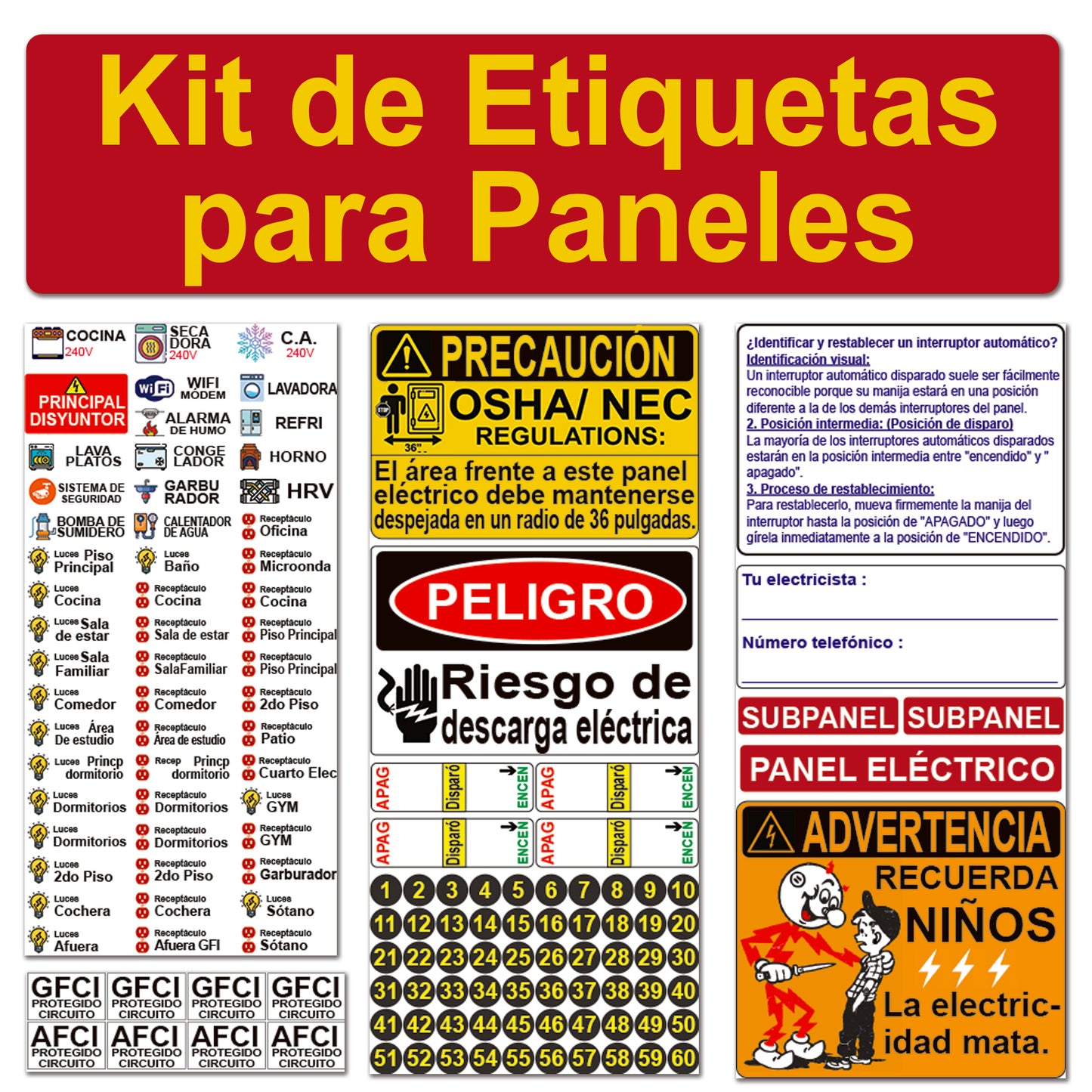English/Spanish/French Universal Panel Marker Kit with Colored Icons for Electrical 60 Circuit Fuse Panel Directory Labels Stickers OSHA Kids Warning Danger Caution Strong Adhesive Household Vinyl Waterproof