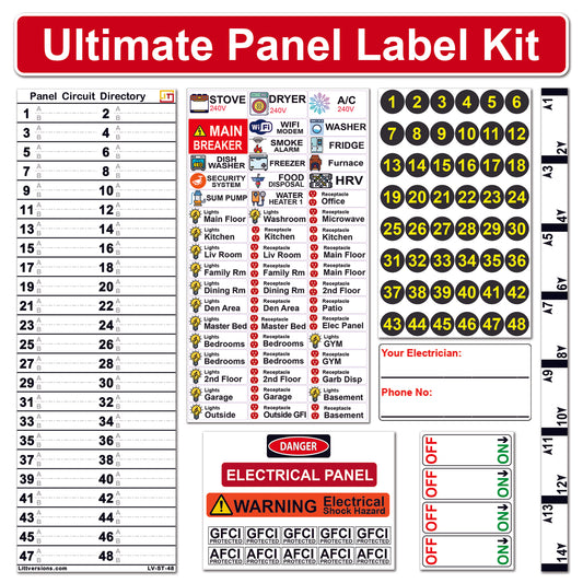 Ultimate 48 Circuits Bidirectional Breaker Directory Label Kit Colored Icons & Panel Markers for All Electrical Panel Strong Adhesive Durable Long Lasting Reusable Vinyl Dust/Waterproof