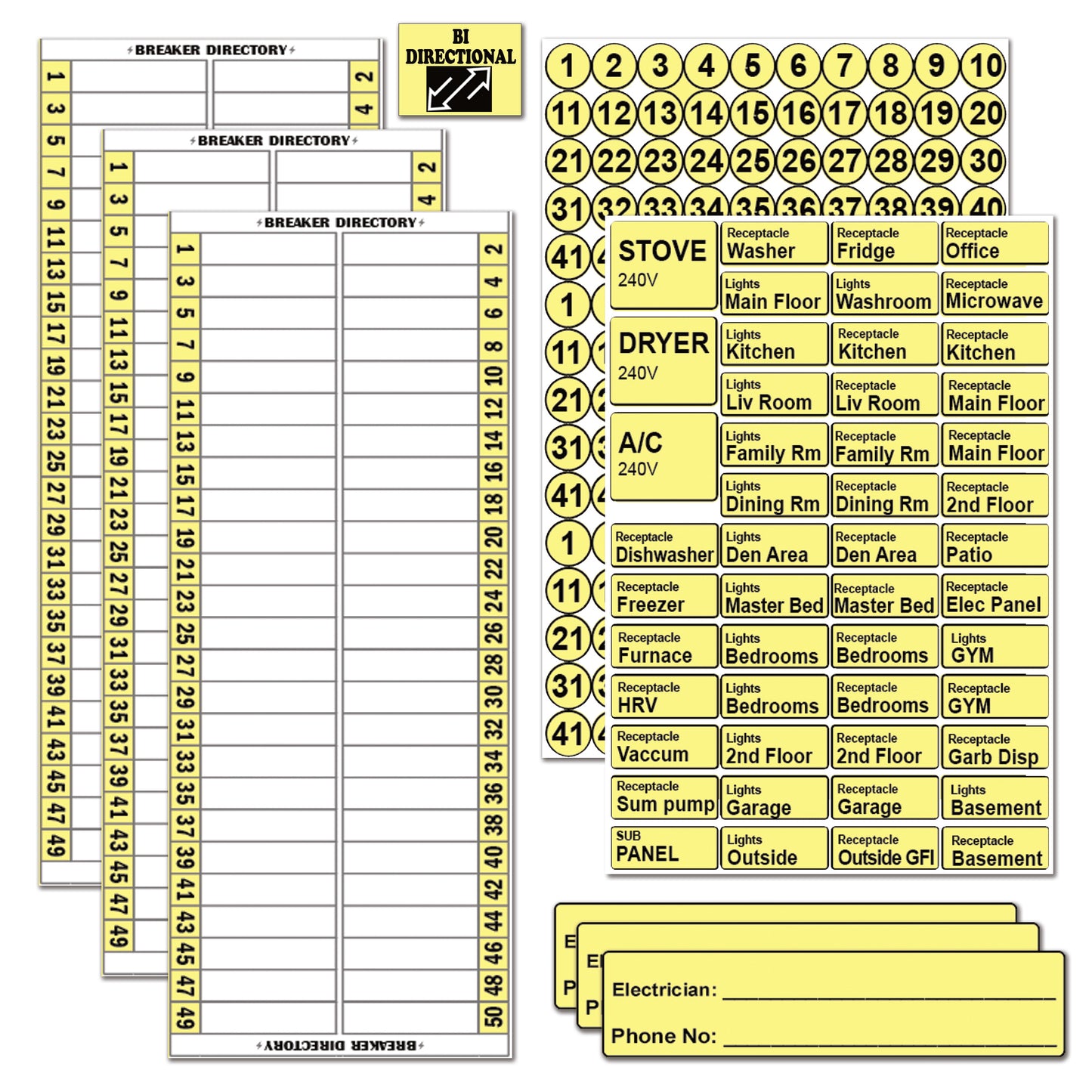 50 Circuits Bidirectional Circuit Breaker Directory Panel Label Kit with Fuse Stickers for Fuse Panel Marker Sticker Sign for Electrical Panel Strong Adhesive Durable Vinyl Waterproof