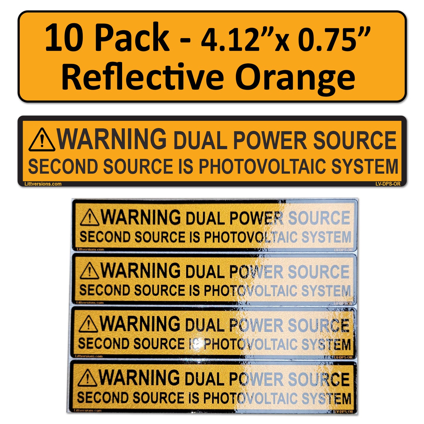 10 Pack 4.125"x 0.75" Reflective Outdoor Rated Laminated CA Solar NEC Compliant Warning Dual Power Source Photovoltaic PV System Labels Sticker 149887 596-00665 UL-969 Standard 596-00495