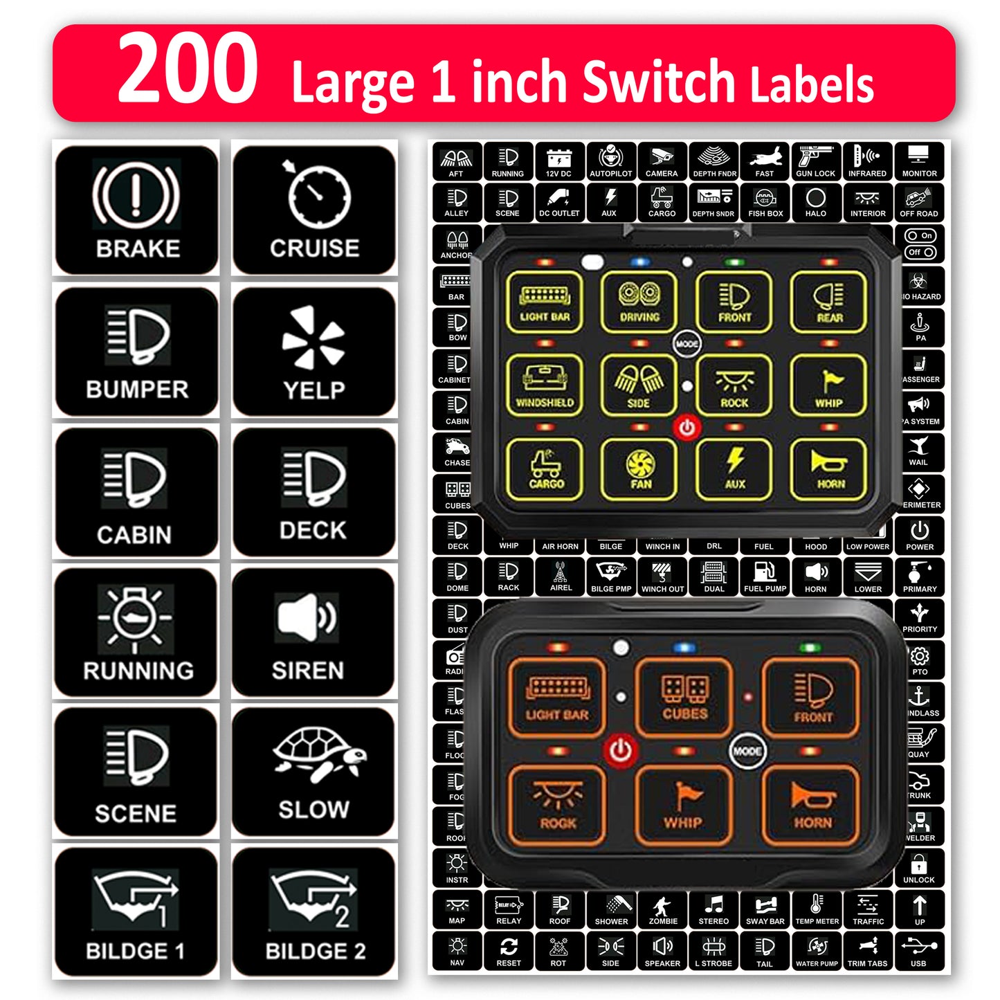 200 Pcs AC DC 6/8/12 Gang Switch Control Panel Stickers Labels Vinyl Marine Boat Car Truck RV Camper Vehicle RA80 XL RB80 XL AR-600 AC-1200 Large Horizontal