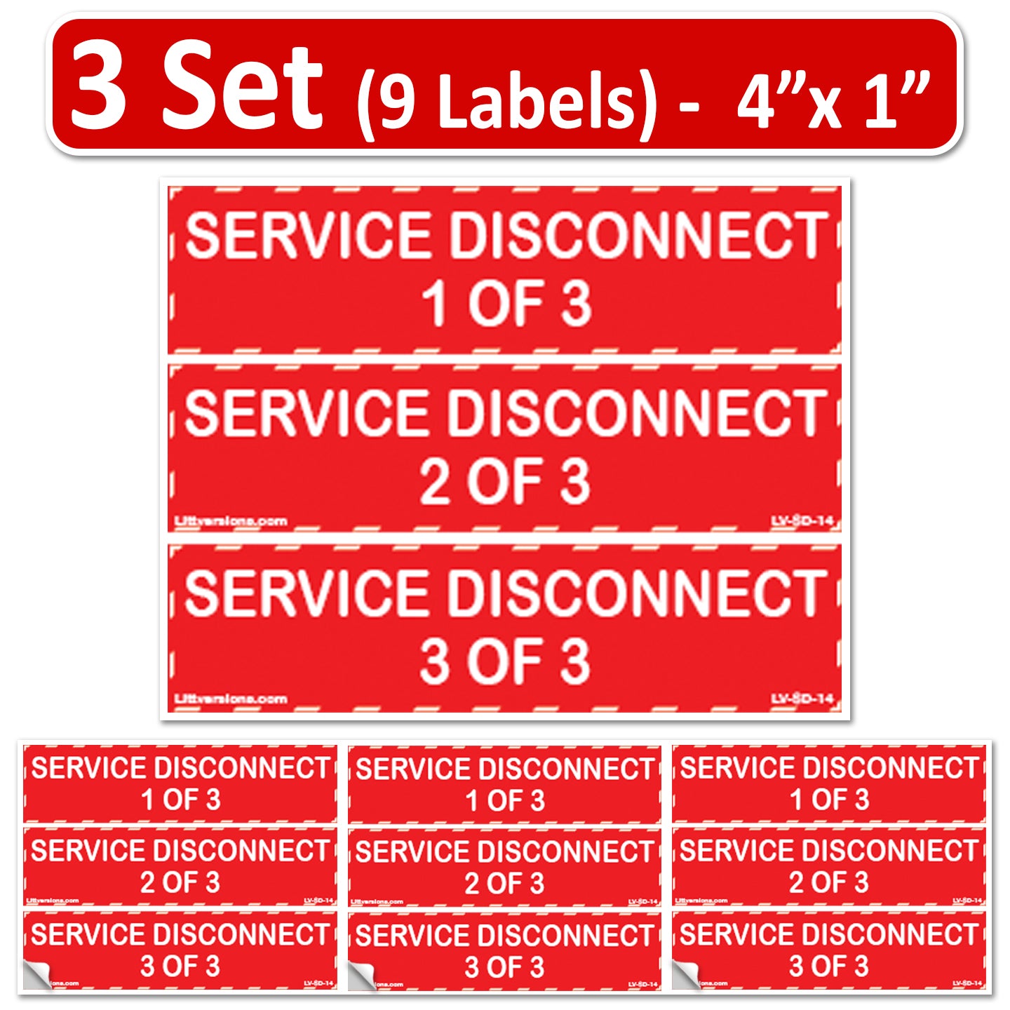 9-Pack 4" x 1" Three Service Disconnects 1/3 of 3 Decal Labels Emergency Danger Sign Notice Sticker Electrical Panel Heavy Duty 4mil Pressure Sensitive Vinyl Waterproof Ultra Durable