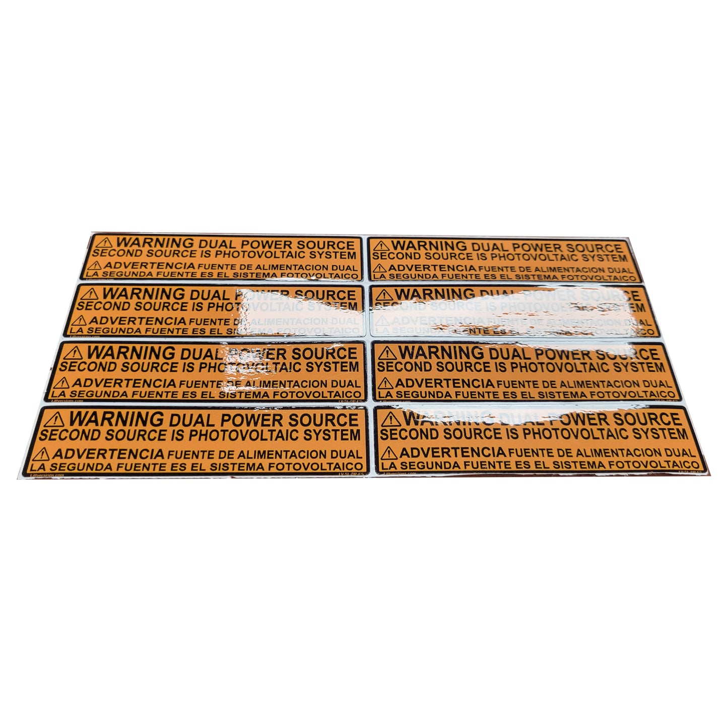 8 Pack 4.125"x 1" CA Outdoor Rated Laminated Labels Solar NEC Compliant Warning Dual Power Source Photovoltaic PV System OSHA UL-969 Standard Bilingual Spanish Waterproof
