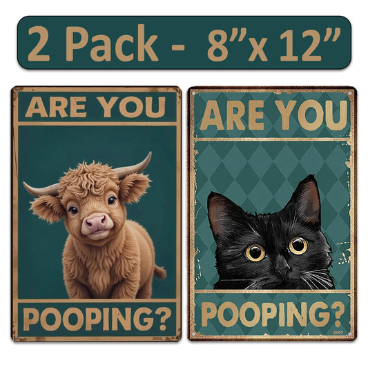 2 Pack  8"x12" Vintage Funny Bathroom Signs Laminated Vinyl Decals - "Are You Pooping" - Highland Cow & Black Cat Theme Western Gift Wall Decor Home Art Poster Gift Humor Rustic Look