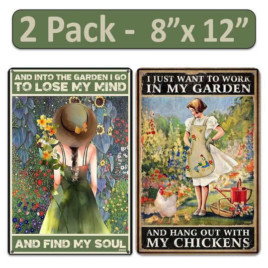 2 Pack  8"x12" Vintage Funny Garden Signs Laminated Vinyl Decals "Into the Garden I Go" & "I Just Want to Work" Plant Lover Décor Greenhouse Potting Shed Yard Poster Women Gift Rustic