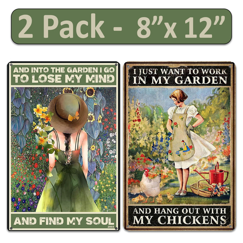 2 Pack  8"x12" Vintage Funny Garden Signs Laminated Vinyl Decals "Into the Garden I Go" & "I Just Want to Work" Plant Lover Décor Greenhouse Potting Shed Yard Poster Women Gift Rustic