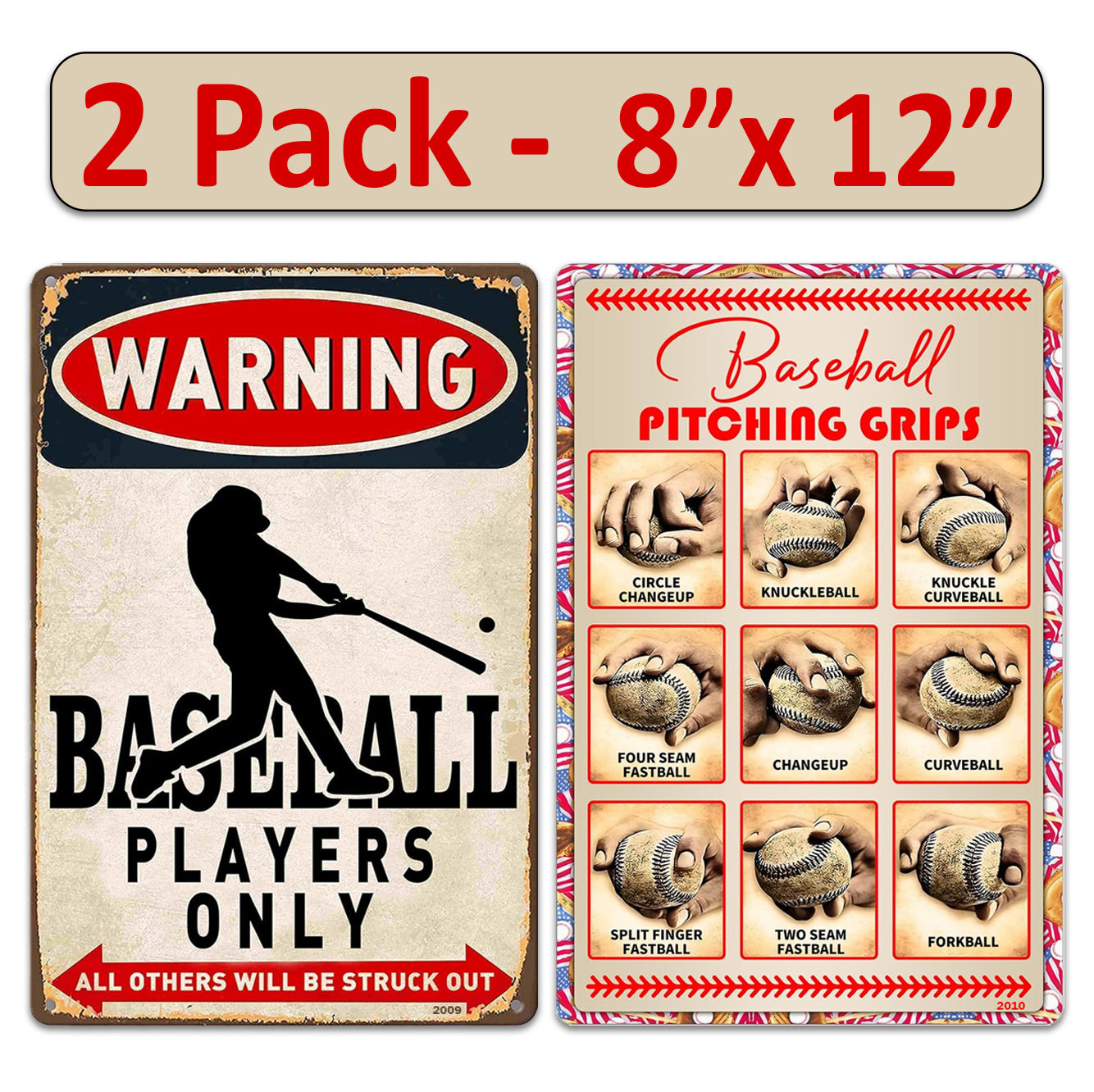 2 Pack  8"x12" Vintage Baseball Wall Decor Laminated Vinyl Decals "Players Only" & "Pitching Grips Guide" Unique Gift Baseball Lovers Coaches & Sports Fans Home Décor Art Man Cave Poster