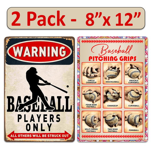 2 Pack  8"x12" Vintage Baseball Wall Decor Laminated Vinyl Decals "Players Only" & "Pitching Grips Guide" Unique Gift Baseball Lovers Coaches & Sports Fans Home Décor Art Man Cave Poster