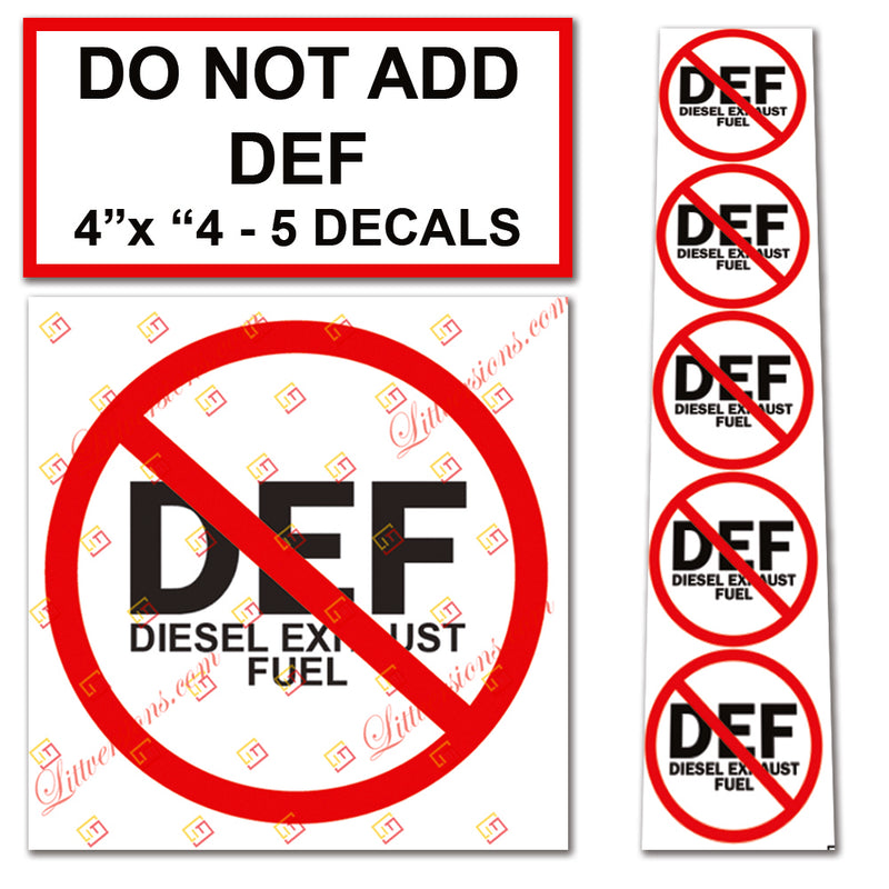 5 Pack NO DEF 4"x4" Universal OSHA Compliant No Diesel Exhaust Fluid Safety Notice Caution Symbol Stickers Decal Set Label for Towable, Mobile, Portable and Stationary Equipment Sign