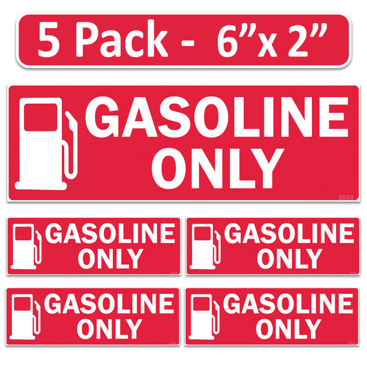 Littversions 5 Pack Gasoline Only Stickers - 6"x2" Fuel Identification Labels - Weatherproof, UV-Resistant Vinyl for Fuel Tanks, Tractors, Excavators, Construction Equipment