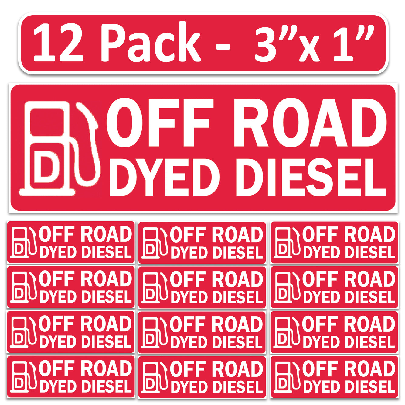 Littversions 12 Pack Off Road Dyed Diesel Stickers - 3"x1" Fuel Identification Labels - Weatherproof Vinyl for Fuel Tanks, Tractors, Excavators, Construction Equipment