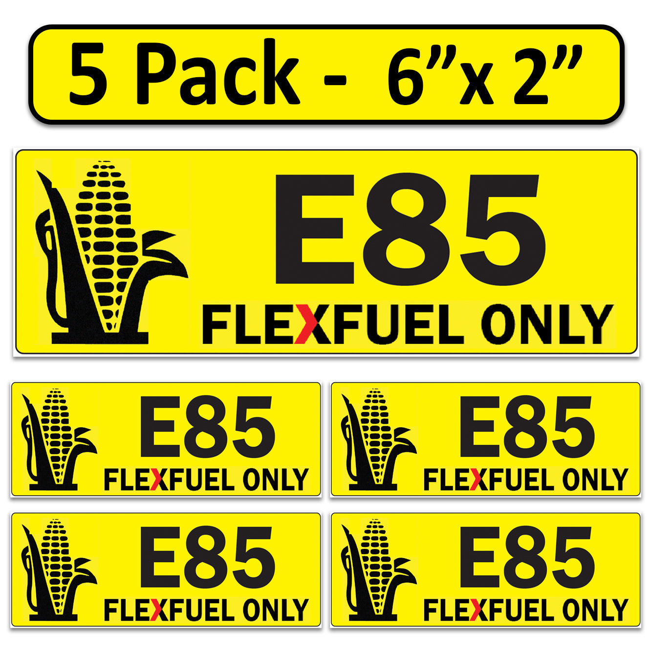 Littversions 5 Pack E85 Ethanol Flex Fuel Stickers - 6"x2" Fuel Identification Labels - Weatherproof Vinyl for Fuel Tanks, Tractors, Excavators, Construction Equipment