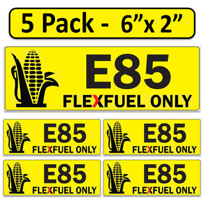 Littversions 5 Pack E85 Ethanol Flex Fuel Stickers - 6"x2" Fuel Identification Labels - Weatherproof Vinyl for Fuel Tanks, Tractors, Excavators, Construction Equipment