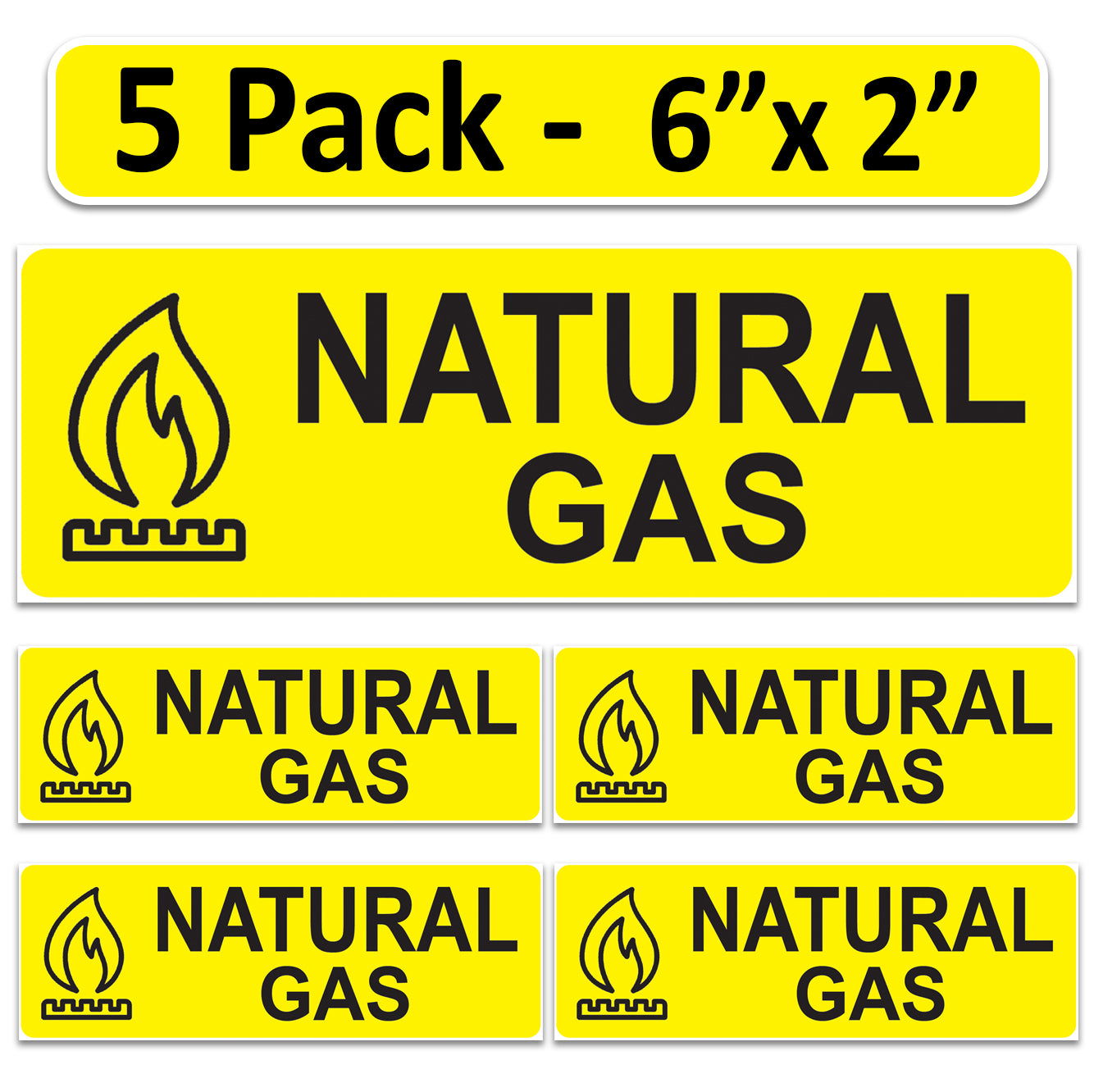 Littversions 5 Pack Natural Gas Stickers - 6"x2" Fuel Identification Labels - Weatherproof Vinyl for Fuel Tanks, Tractors, Excavators, Construction Equipment