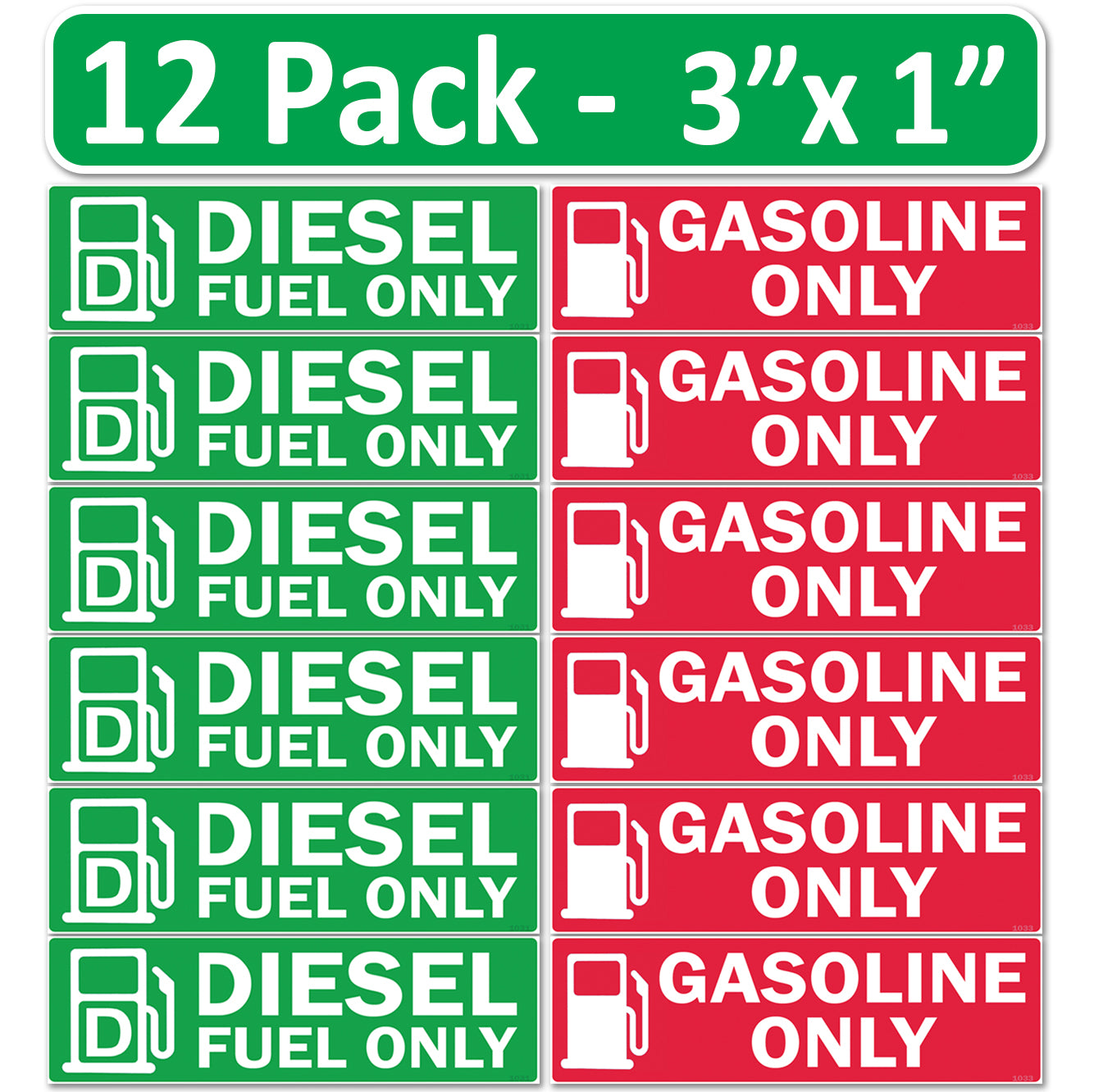 12 Pack Combo Diesel Gasoline Fuel Only -3"x1" Fuel Identification Labels - Vinyl Fuel Tanks, Tractors, Excavators, Construction Equipment
