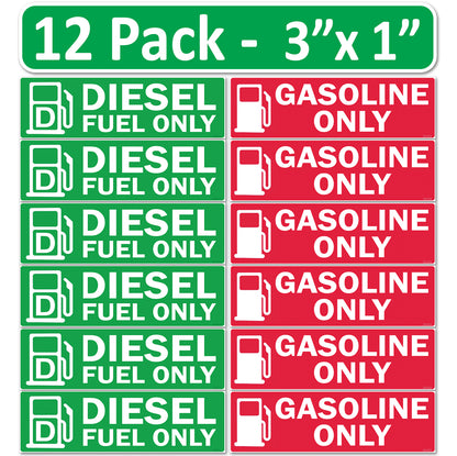 12 Pack Combo Diesel Gasoline Fuel Only -3"x1" Fuel Identification Labels - Vinyl Fuel Tanks, Tractors, Excavators, Construction Equipment